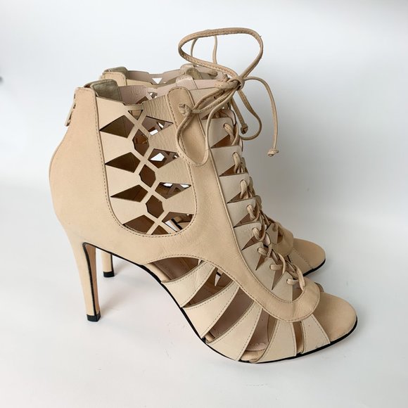 Anthropologie Klub nico cream lace up heels peep toe 9 - Picture 4 of 10